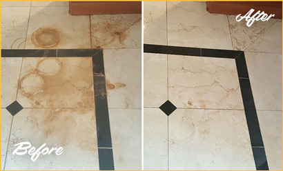 Before and After Picture of a Marble Stone Floor Stained with Rust