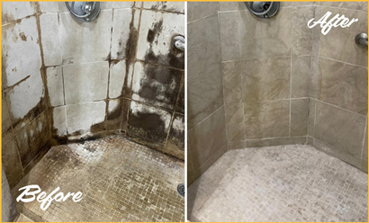 Tiled Shower Embedded With Grime Before and Then Cleaned After Sir Grout's Hard Surface Cleaning Services