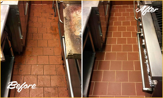 Before and After Picture of a Palmetto Restaurant Kitchen Tile and Grout Cleaned to Eliminate Dirt and Grease Build-Up