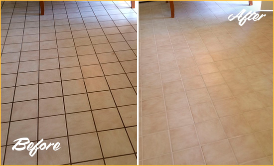 Before and After Picture of a Holmes Beach Kitchen Tile and Grout Cleaned to Remove Embedded Dirt
