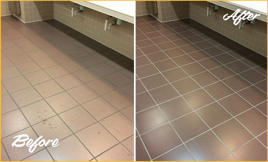 Before and After Picture of a West Samoset Restrooms Tile and Grout Cleaned to Remove Embedded Dirt