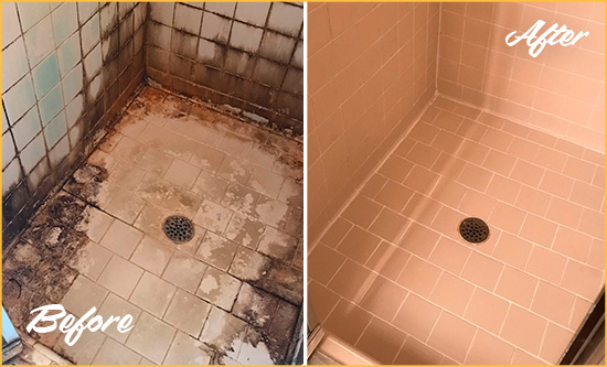 Before and After Picture of a Samoset Shower Tile and Grout Cleaned to Repair Water Damage