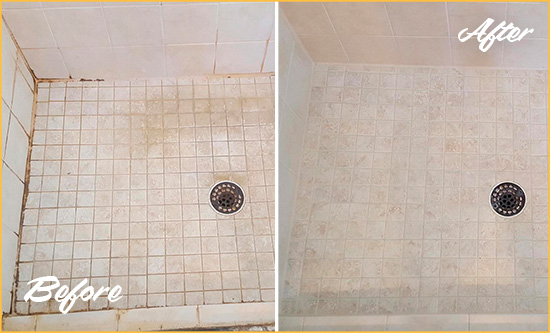 Before and After Picture of a South Venice Shower Caulked to Fix Cracks