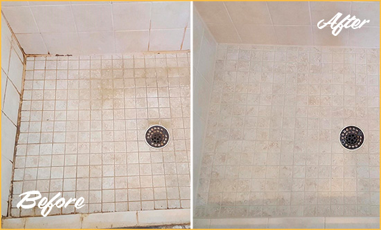 Before and After Picture of a Lakewood Ranch Shower Caulked to Fix Cracks