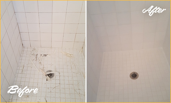 Before and After Picture of a Samoset Bathroom Re-Caulked To Repair Damaged Caulking