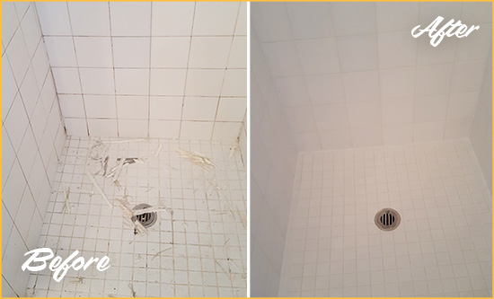 Before and After Picture of a Parrish Bathroom Re-Caulked To Repair Damaged Caulking