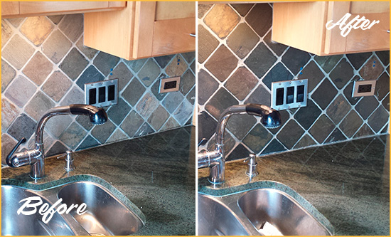 Before and After Picture of a Parrish Backsplash Caulked to Fix and Prevent Water Leaks