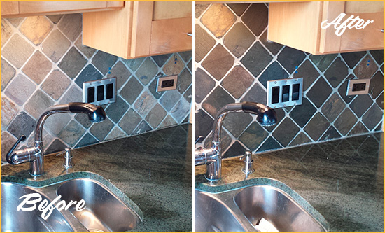 Before and After Picture of a Oneco Backsplash Caulked to Fix and Prevent Water Leaks