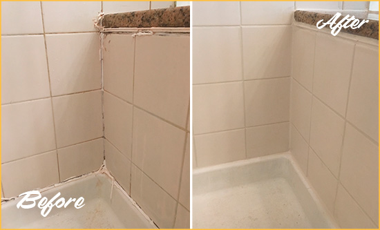 Before and After Picture of a Terra Ceia Shower Caulked to Repair Damaged Caulking