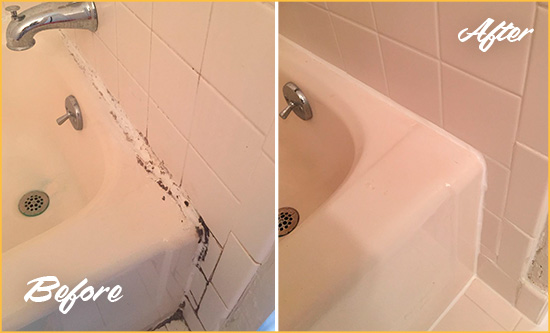 Before and After Picture of a South Venice Bathroom Sink Caulked to Fix a DIY Proyect Gone Wrong