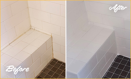 Before and After Picture of a Terra Ceia Shower Seat Caulked to Protect Against Mold and Mildew Growth