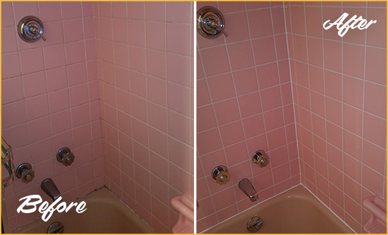 Before and After Picture of a Nokomis Bathtub Caulked to Eliminate Mold