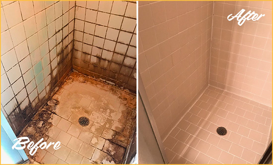 Before and After Picture of a Oneco Shower Caulked to Fix and Prevent Water Damage