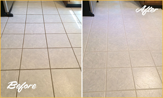 Before and After Picture of a Bradenton Beach Kitchen Ceramic Floor Sealed to Protect From Dirt and Spills