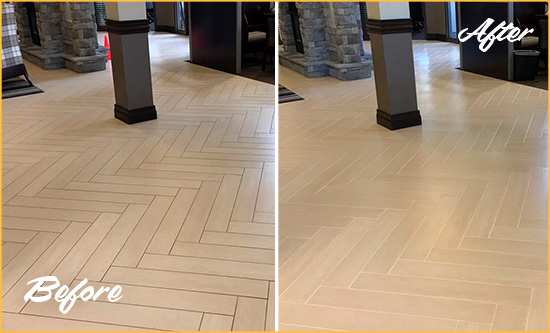 Before and After Picture of a Dirty Anna Maria Ceramic Office Lobby Sealed For Extra Protection Against Heavy Foot Traffic