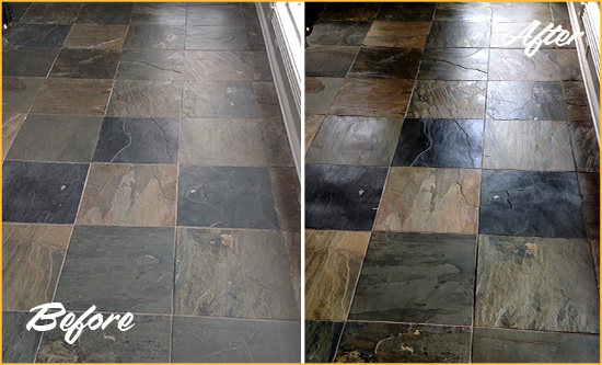 Before and After Picture of a Dull Tallevast Slate Floor Sealed to Bring Back Its Colors