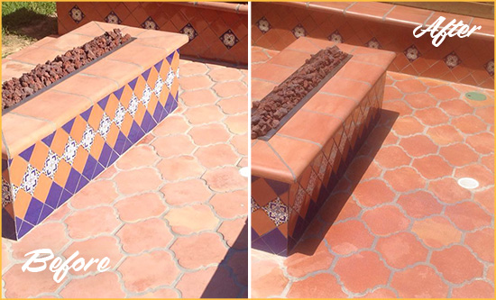 Before and After Picture of a Dull Terra Ceia Terracotta Patio Floor Sealed For UV Protection