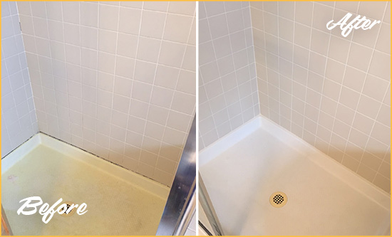 Before and After Picture of a Englewood Shower Sealed to Remove and Protect Against Mold