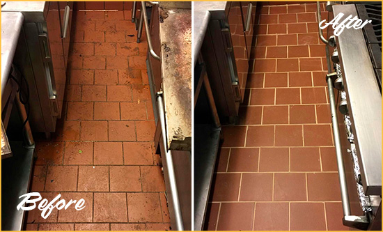 Before and After Picture of a Samoset Restaurant Kitchen Floor Sealed to Remove Soil