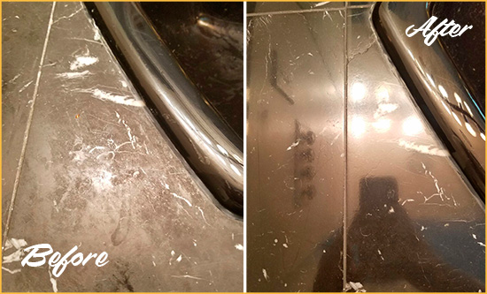 Before and After Picture of a Bradenton Beach Marble Countertop Cleaned to Remove Deep Dirt
