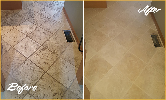 Before and After Picture of a West Samoset Kitchen Marble Floor Cleaned to Remove Embedded Dirt