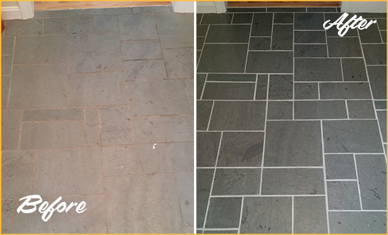 Before and After Picture of a Holmes Beach Slate Floor Cleaned to Remove Deep-Seated Dirt