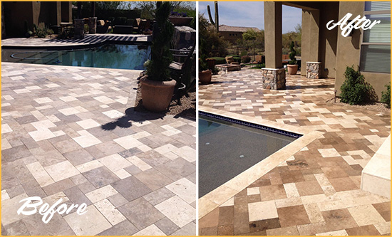 Before and After Picture of a Dull Parrish Travertine Pool Deck Cleaned to Recover Its Original Colors