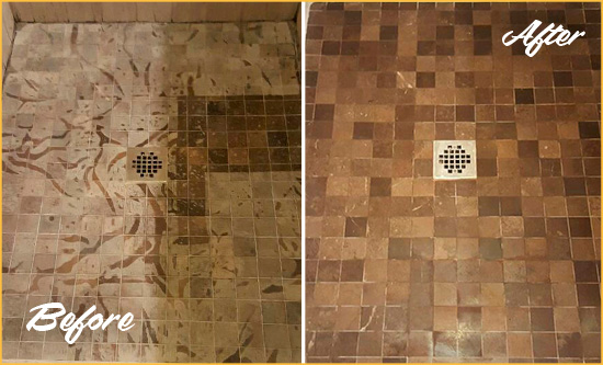 Before and After Picture of a Stained South Venice Marble Shower Floor Cleaned to Remove Etching