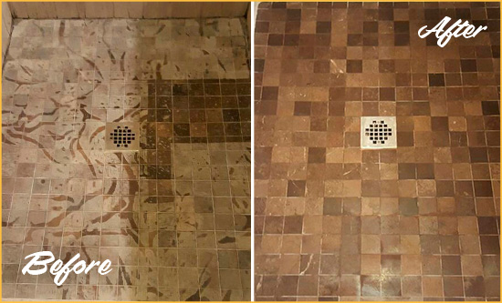 Before and After Picture of a Stained North Port Marble Shower Floor Cleaned to Remove Etching