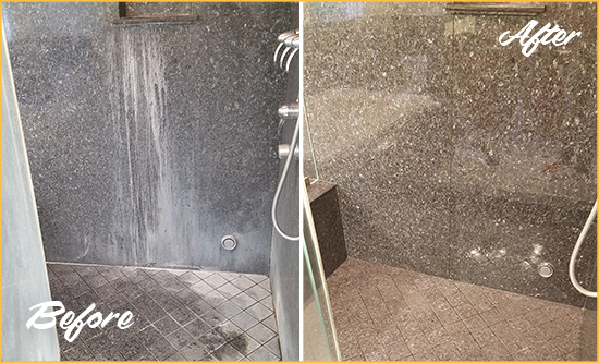 Before and After Picture of a Osprey Granite Shower Cleaned to Remove Mineral Deposits