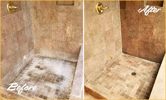 Before and After Picture of a Bradenton Beach Travertine Shower Cleaned to Eliminate Water Spots