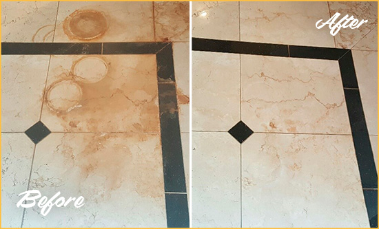 Before and After Picture of a Tallevast Marble Floor Cleaned to Eliminate Rust Stains