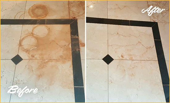 Before and After Picture of a Englewood Marble Floor Cleaned to Eliminate Rust Stains