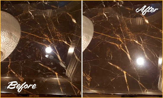 Before and After Picture of a West Samoset Marble Countertop Cleaned to Remove Water Spots