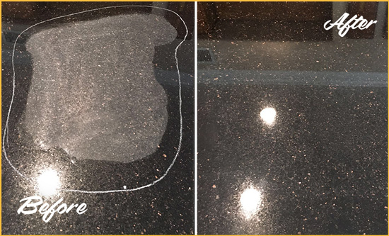 Before and After Picture of a Osprey Granite Kitchen Countertop Honed to Eliminate Scratch