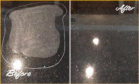 Before and After Picture of a Memphis Granite Kitchen Countertop Honed to Eliminate Scratch