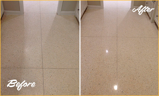 Before and After Picture of a Dull Osprey Granite Floor Honed to Recover Its Sheen