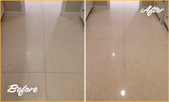 Before and After Picture of a Dull Palmetto Granite Floor Honed to Recover Its Sheen