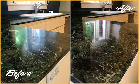 Before and After Picture of a Parrish Marble Kitchen Countertop Honed to Remove Water Marks