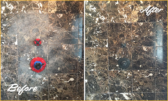 Before and After Picture of a Palmetto Marble Shower Honed to Remove Scratches