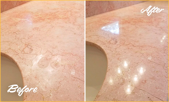 Before and After Picture of a Oneco Marble Vanity Top Honed to Eliminate Water Spots