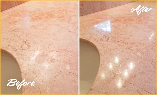 Before and After Picture of a South Venice Marble Vanity Top Honed to Eliminate Water Spots