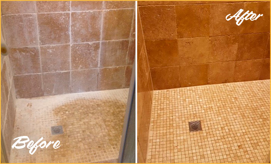 Before and After Picture of a Longboat Key Travertine Shower Honed to Remove Mineral Deposits