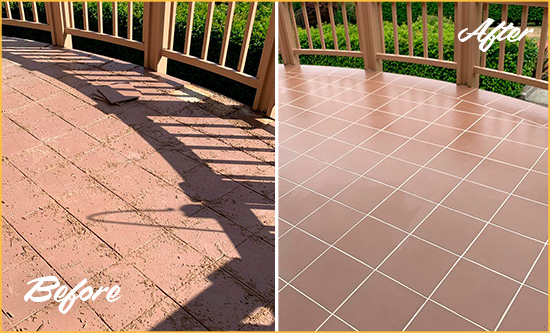 Before and After Picture of a North Port Hard Surface Restoration Service on a Tiled Deck