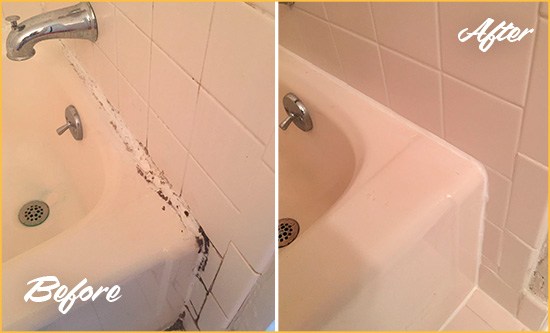 Before and After Picture of a Lakewood Ranch Hard Surface Restoration Service on a Tile Shower to Repair Damaged Caulking