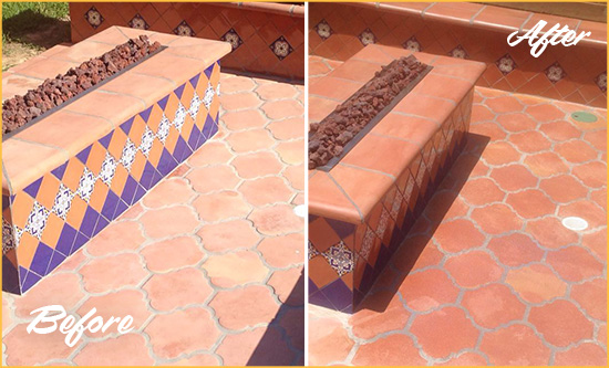 Before and After Picture of a Holmes Beach Hard Surface Restoration Service on a Dull Terracotta Patio Floor to Recover Its Color