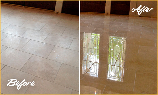 Before and After Picture of a Longboat Key Hard Surface Restoration Service on a Dull Travertine Floor Polished to Recover Its Splendor
