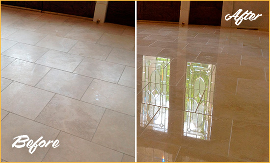 Before and After Picture of a Bradenton Hard Surface Restoration Service on a Dull Travertine Floor Polished to Recover Its Splendor