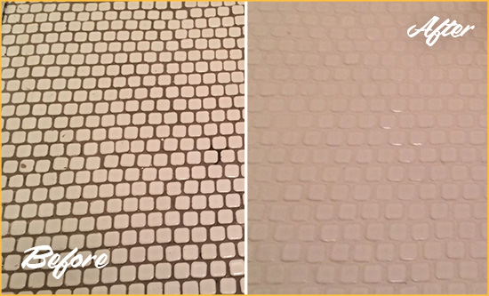 Before and After Picture of a Holmes Beach Hard Surface Restoration Service on a Bathroom Tile Floor Recolored to Fix Grout Color