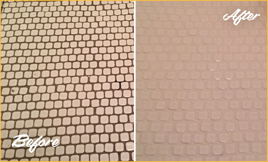 Before and After Picture of a Tallevast Hard Surface Restoration Service on a Bathroom Tile Floor Recolored to Fix Grout Color